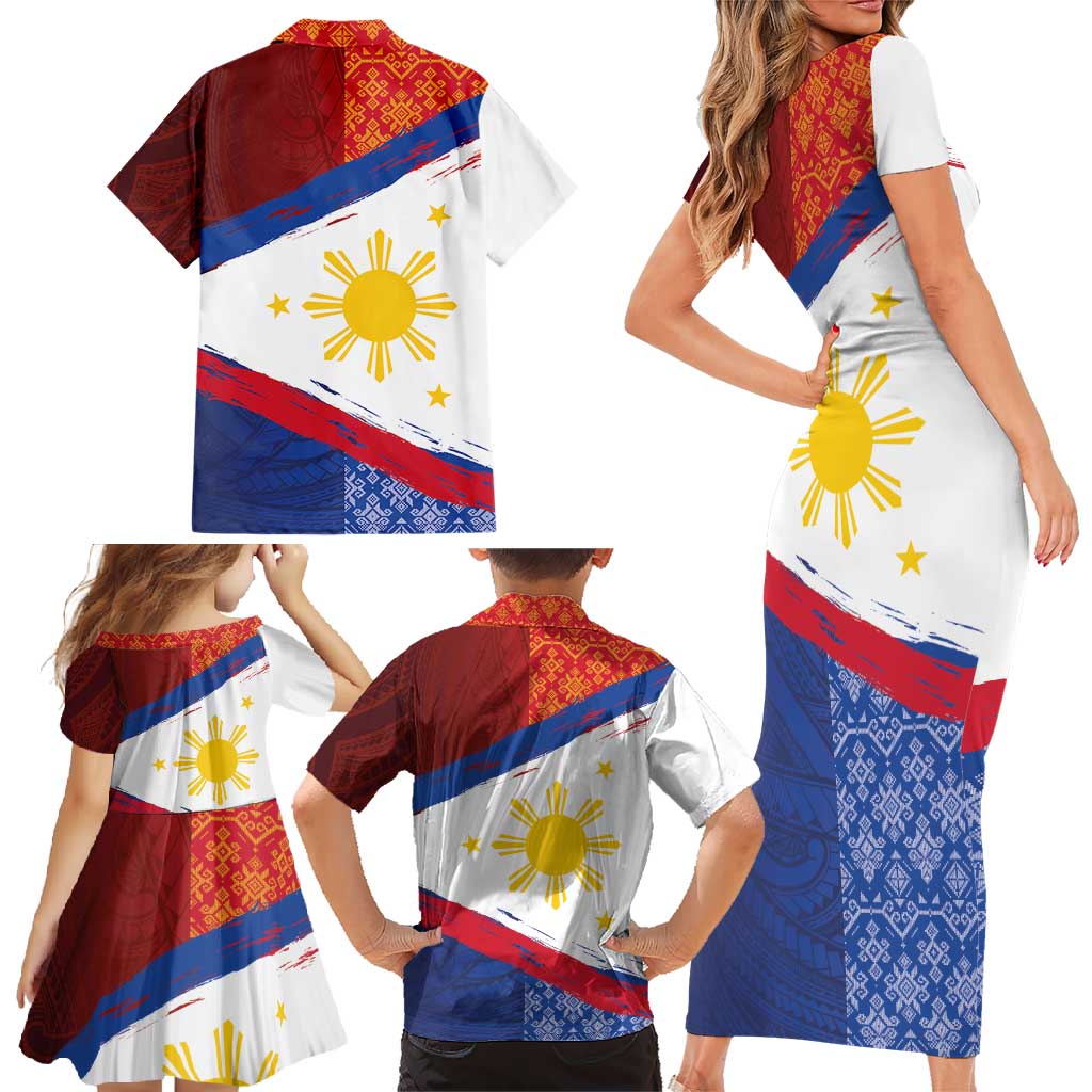 Philippines National Flag Day Family Matching Short Sleeve Bodycon Dress and Hawaiian Shirt Polynesian and Yakan Tattoo Brush Style