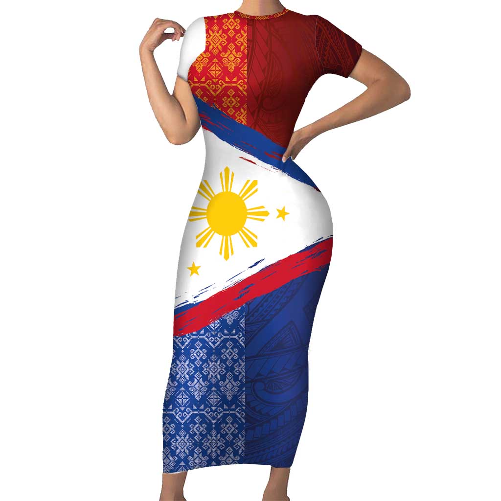 Philippines National Flag Day Family Matching Short Sleeve Bodycon Dress and Hawaiian Shirt Polynesian and Yakan Tattoo Brush Style