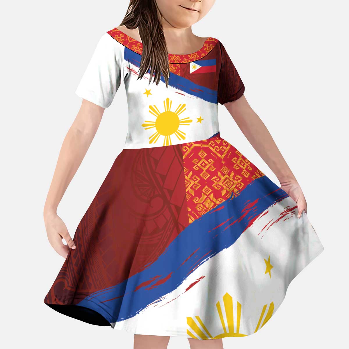 Philippines National Flag Day Kid Short Sleeve Dress Polynesian and Yakan Tattoo Brush Style