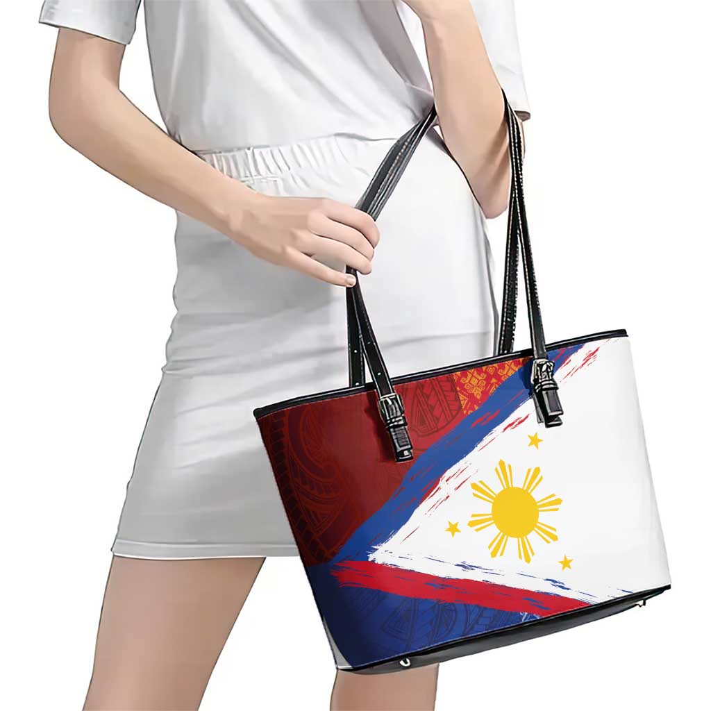Philippines National Flag Day Leather Tote Bag Polynesian and Yakan Tattoo Brush Style