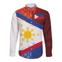 Philippines National Flag Day Long Sleeve Button Shirt Polynesian and Yakan Tattoo Brush Style