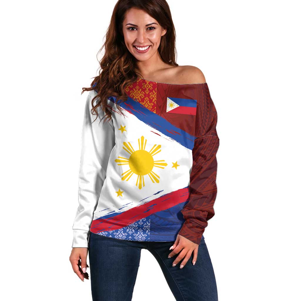 Philippines National Flag Day Off Shoulder Sweater Polynesian and Yakan Tattoo Brush Style