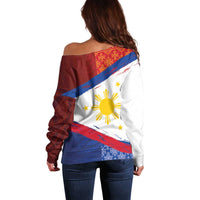 Philippines National Flag Day Off Shoulder Sweater Polynesian and Yakan Tattoo Brush Style