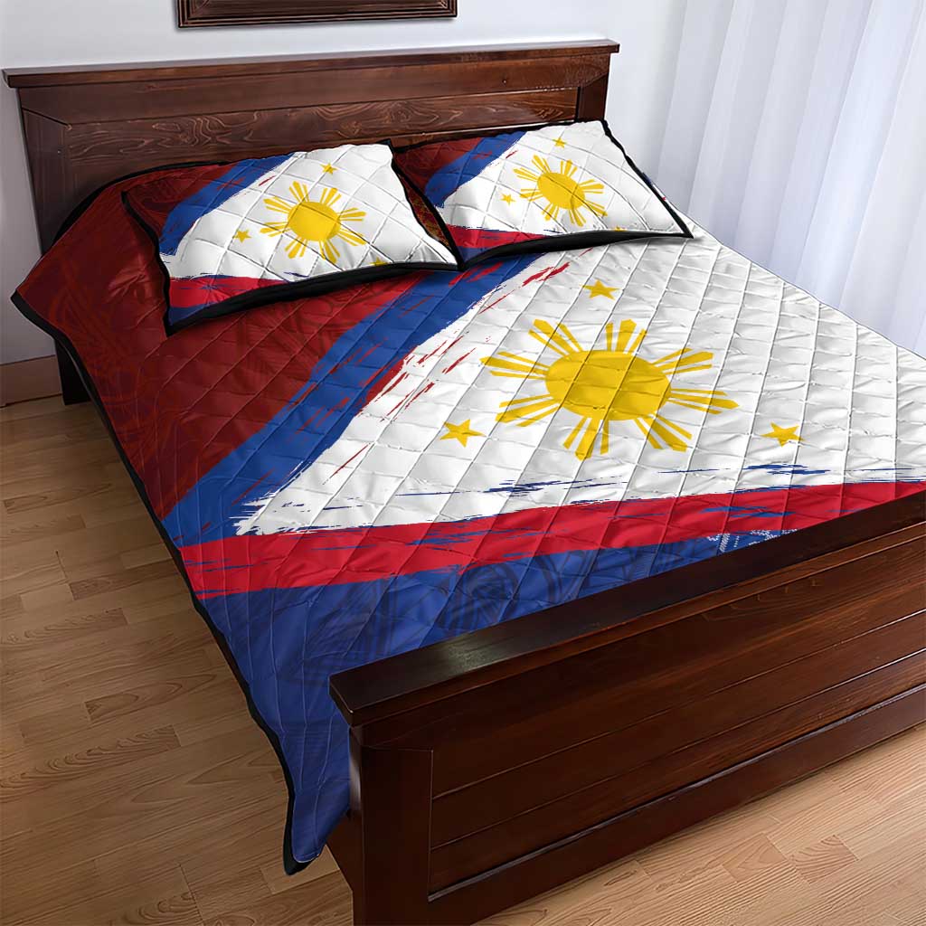 Philippines National Flag Day Quilt Bed Set Polynesian and Yakan Tattoo Brush Style