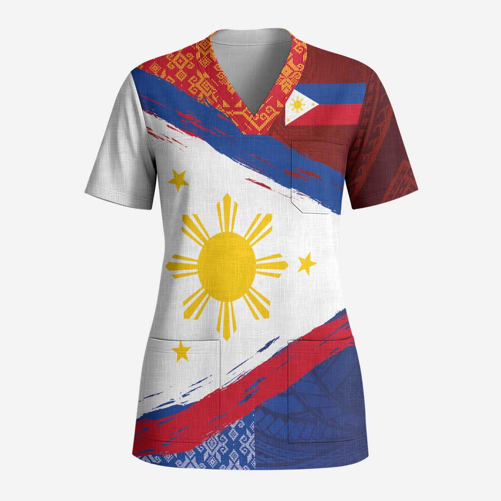 Philippines National Flag Day Scrub Top Polynesian and Yakan Tattoo Brush Style - Polynesian Pride