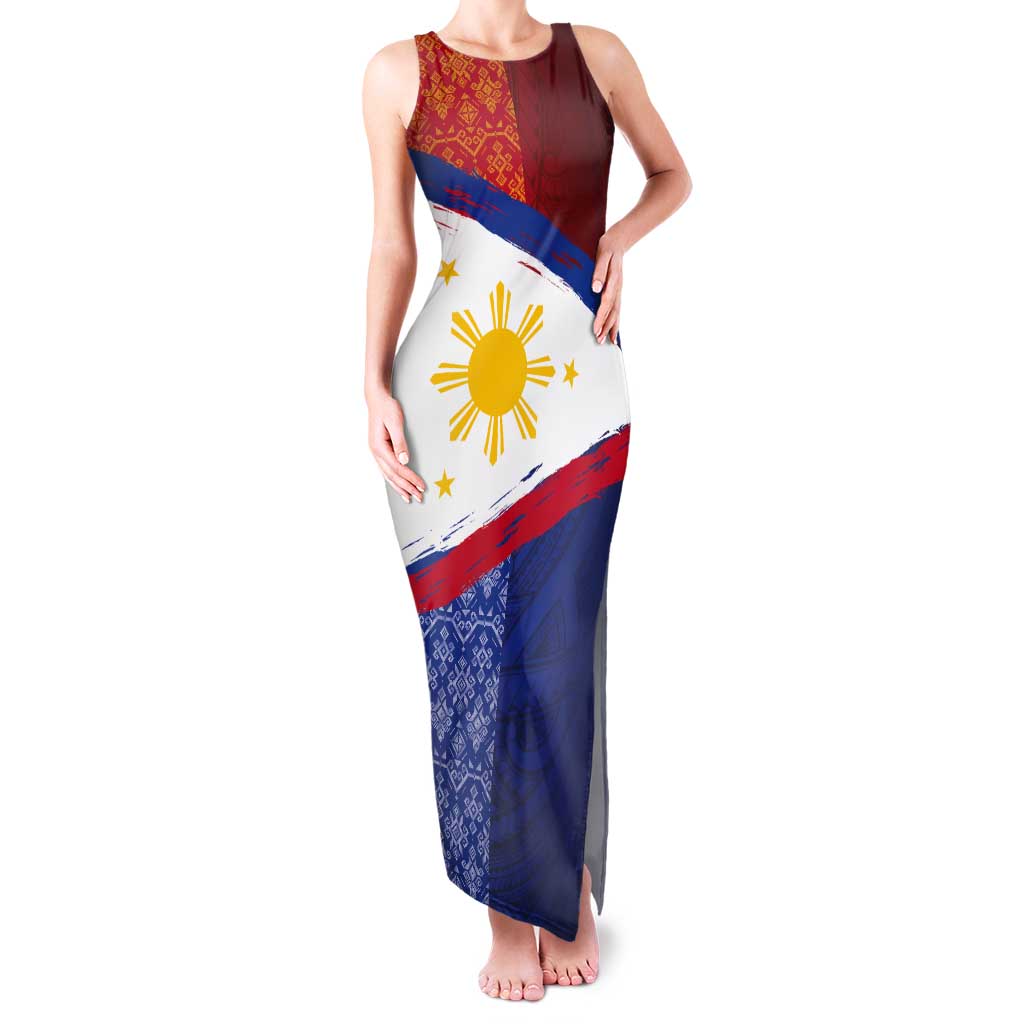 Philippines National Flag Day Tank Maxi Dress Polynesian and Yakan Tattoo Brush Style