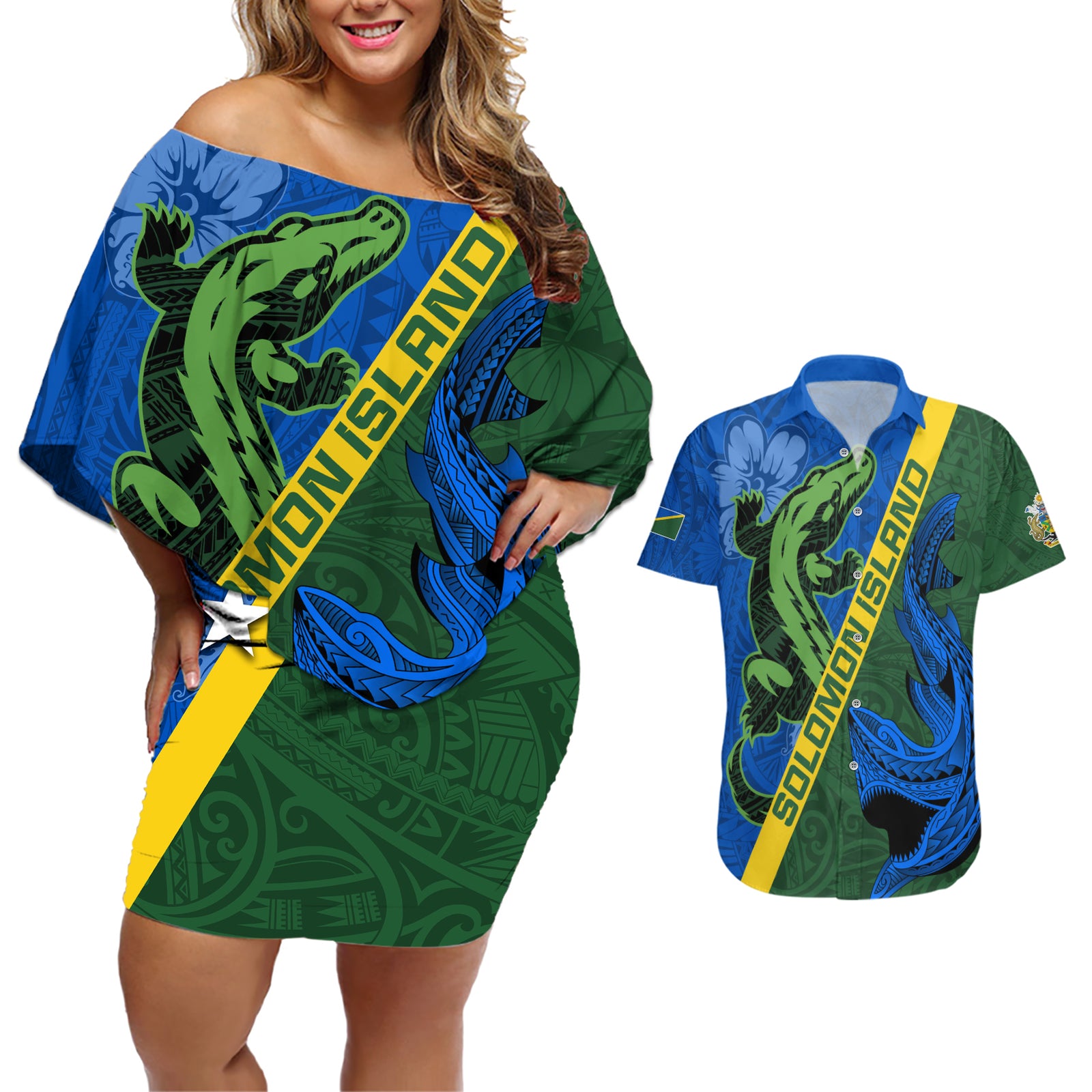 Solomon Island Crocodile and Shark Couples Matching Off Shoulder Short Dress and Hawaiian Shirt Polynesian Pattern