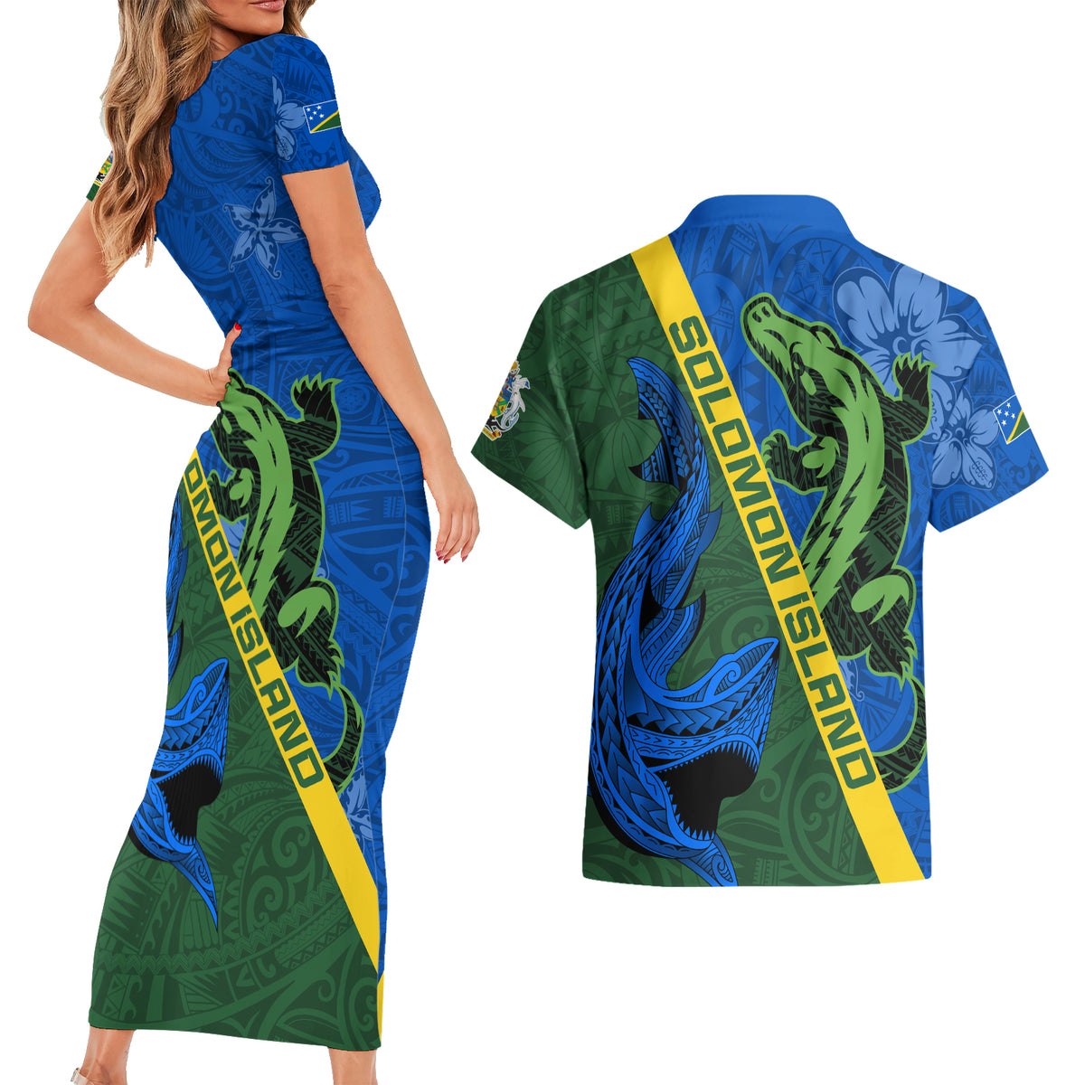 Solomon Island Crocodile and Shark Couples Matching Short Sleeve Bodycon Dress and Hawaiian Shirt Polynesian Pattern
