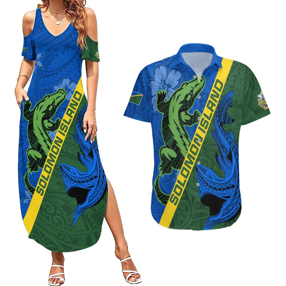 Solomon Island Crocodile and Shark Couples Matching Summer Maxi Dress and Hawaiian Shirt Polynesian Pattern LT03 Blue - Polynesian Pride