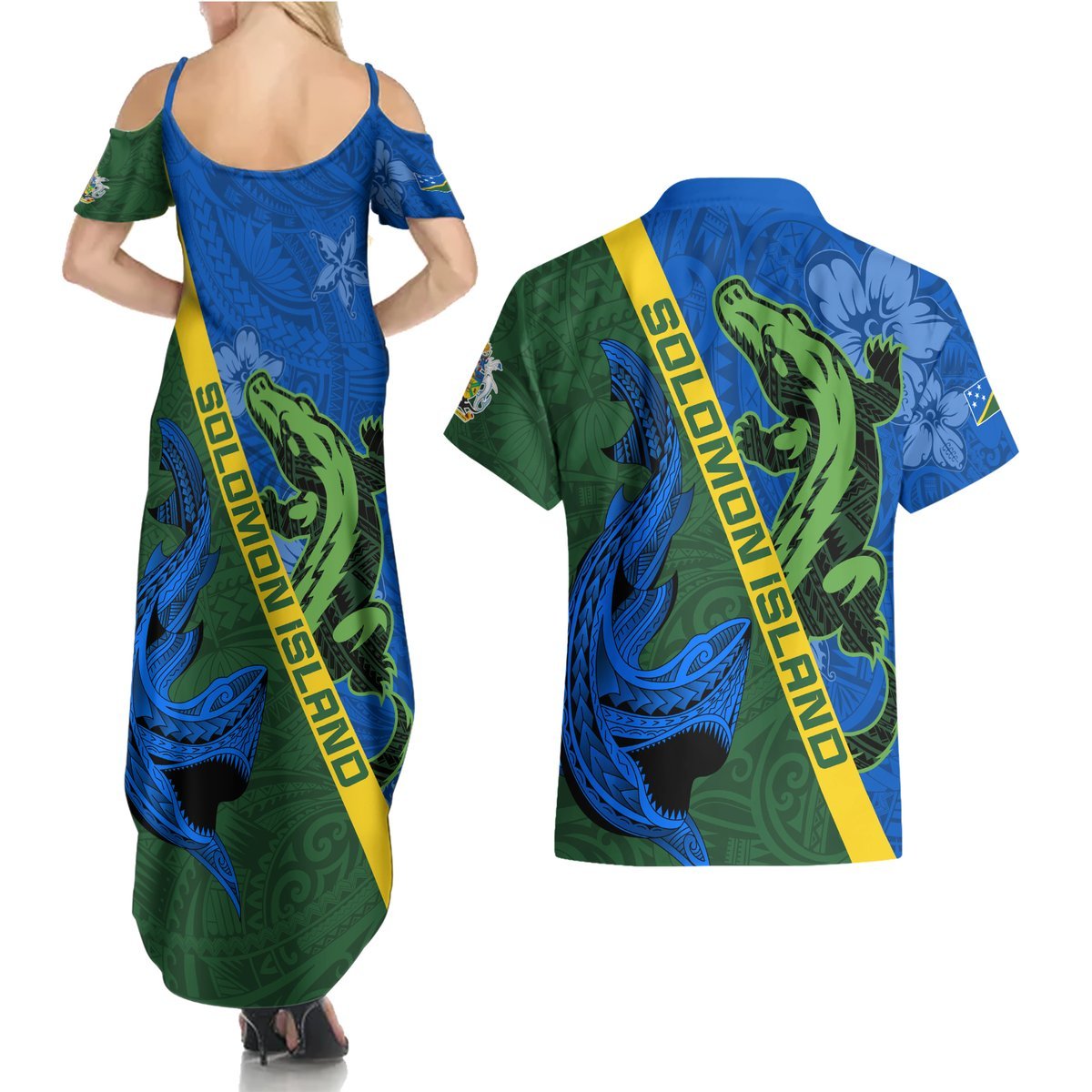 Solomon Island Crocodile and Shark Couples Matching Summer Maxi Dress and Hawaiian Shirt Polynesian Pattern LT03 - Polynesian Pride