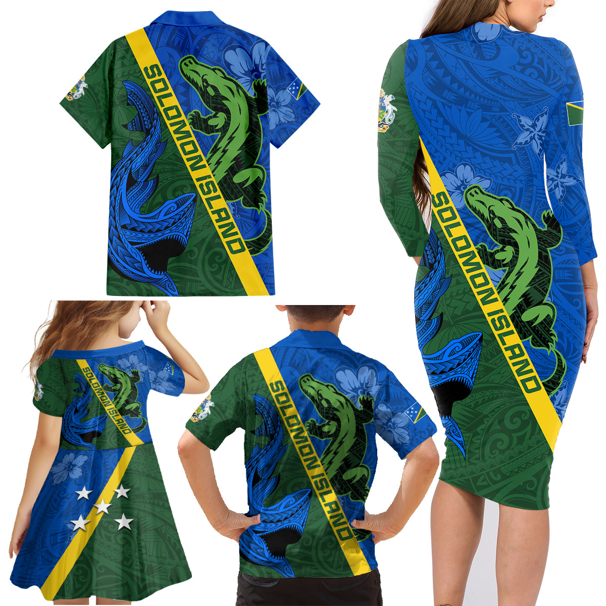 Solomon Island Crocodile and Shark Family Matching Long Sleeve Bodycon Dress and Hawaiian Shirt Polynesian Pattern LT03 - Polynesian Pride