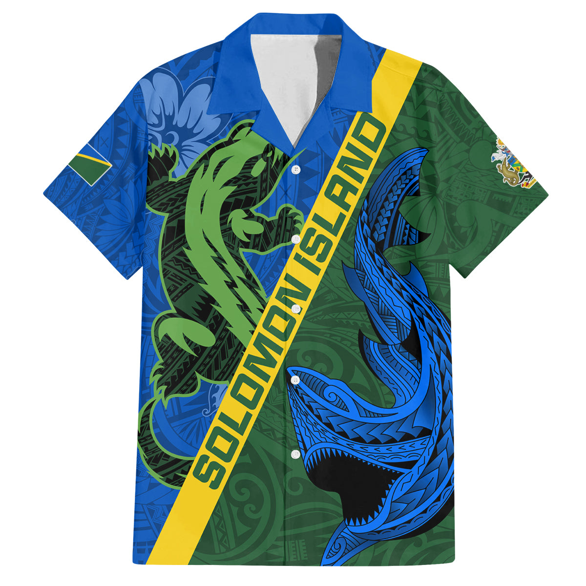 Solomon Island Crocodile and Shark Family Matching Long Sleeve Bodycon Dress and Hawaiian Shirt Polynesian Pattern LT03 Dad's Shirt - Short Sleeve Blue - Polynesian Pride
