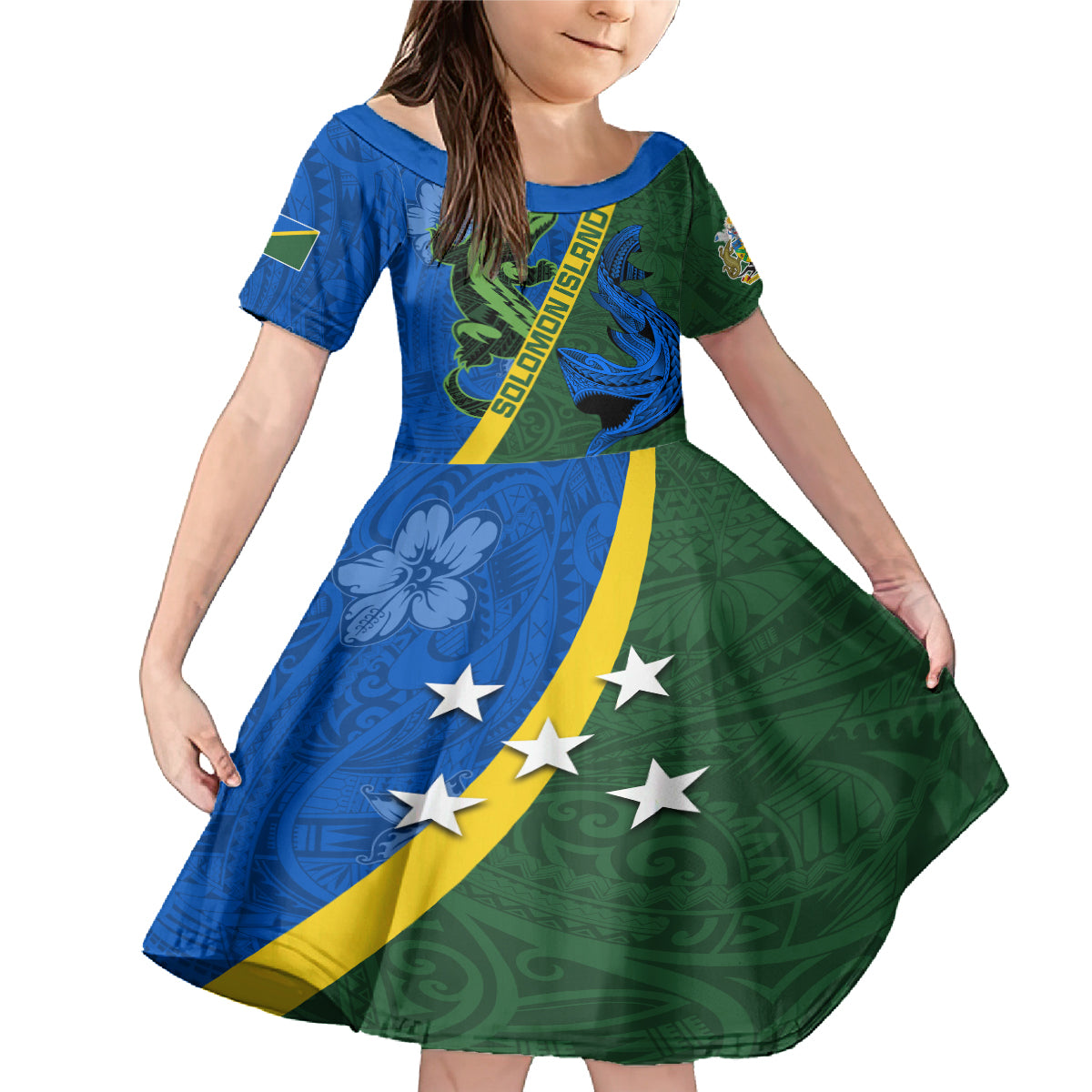 Solomon Island Crocodile and Shark Family Matching Mermaid Dress and Hawaiian Shirt Polynesian Pattern LT03 Daughter's Dress Blue - Polynesian Pride