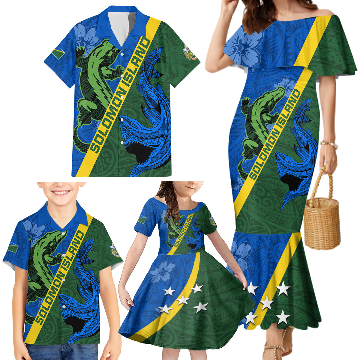 Solomon Island Crocodile and Shark Family Matching Mermaid Dress and Hawaiian Shirt Polynesian Pattern LT03 - Polynesian Pride