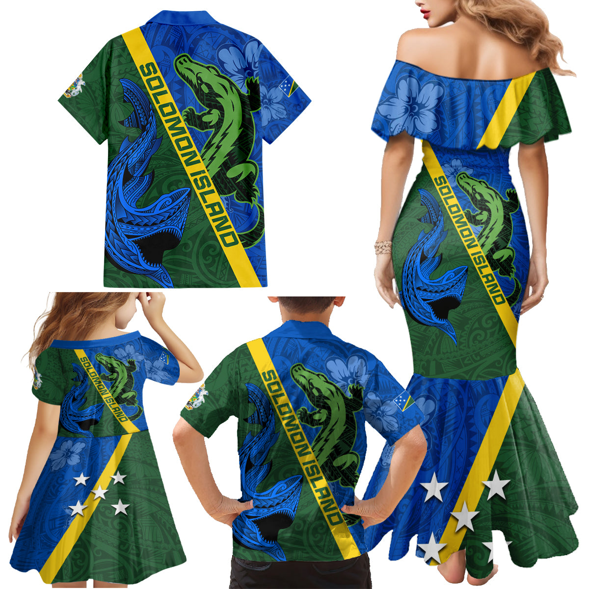Solomon Island Crocodile and Shark Family Matching Mermaid Dress and Hawaiian Shirt Polynesian Pattern LT03 - Polynesian Pride