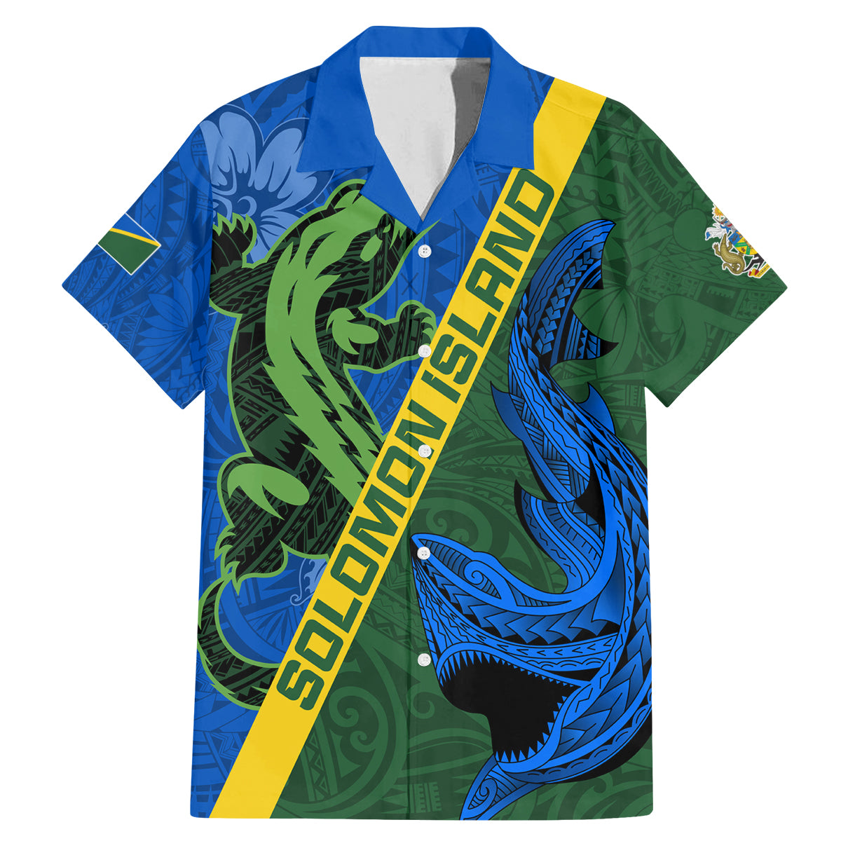 Solomon Island Crocodile and Shark Family Matching Mermaid Dress and Hawaiian Shirt Polynesian Pattern LT03 Dad's Shirt - Short Sleeve Blue - Polynesian Pride