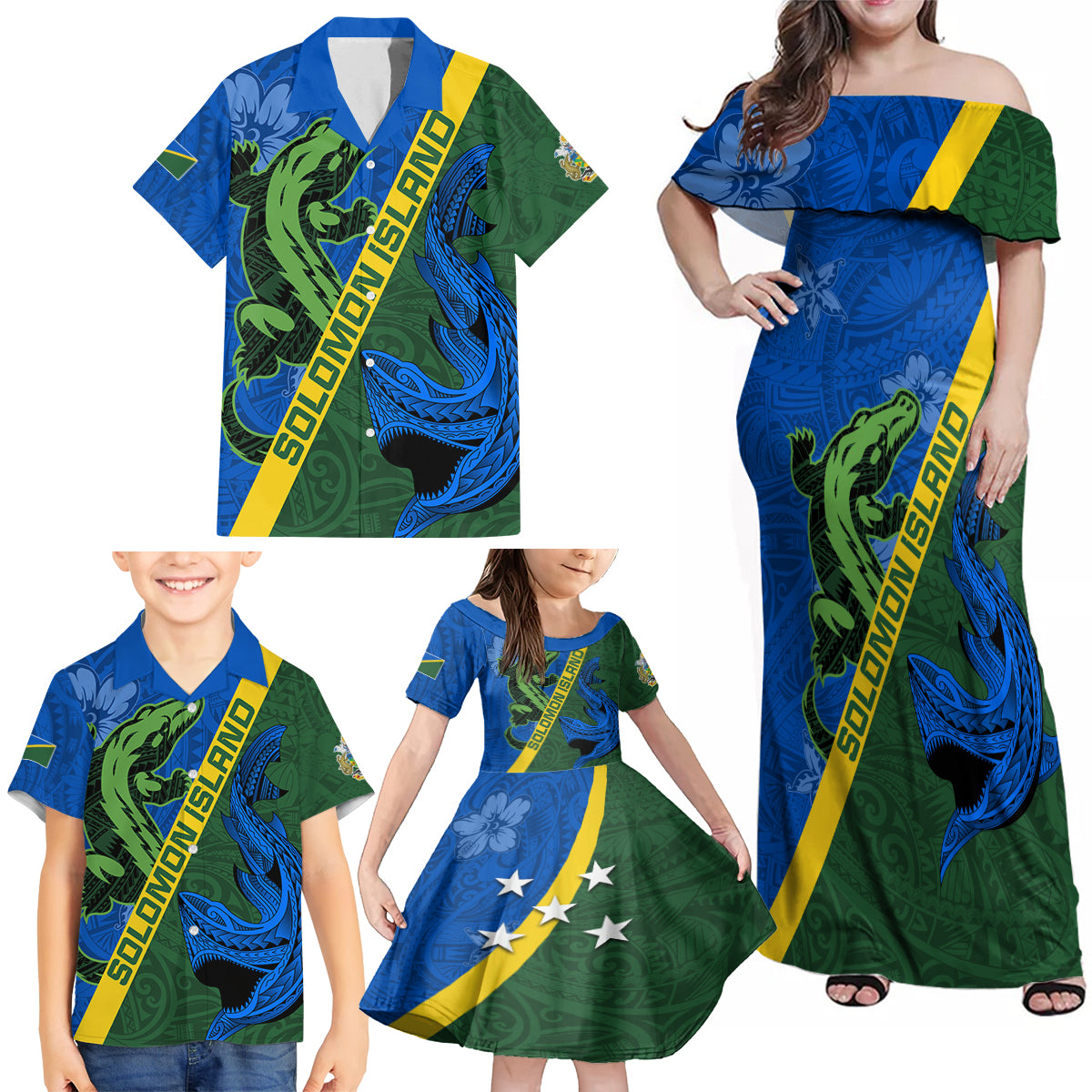 Solomon Island Crocodile and Shark Family Matching Off Shoulder Maxi Dress and Hawaiian Shirt Polynesian Pattern LT03 - Polynesian Pride