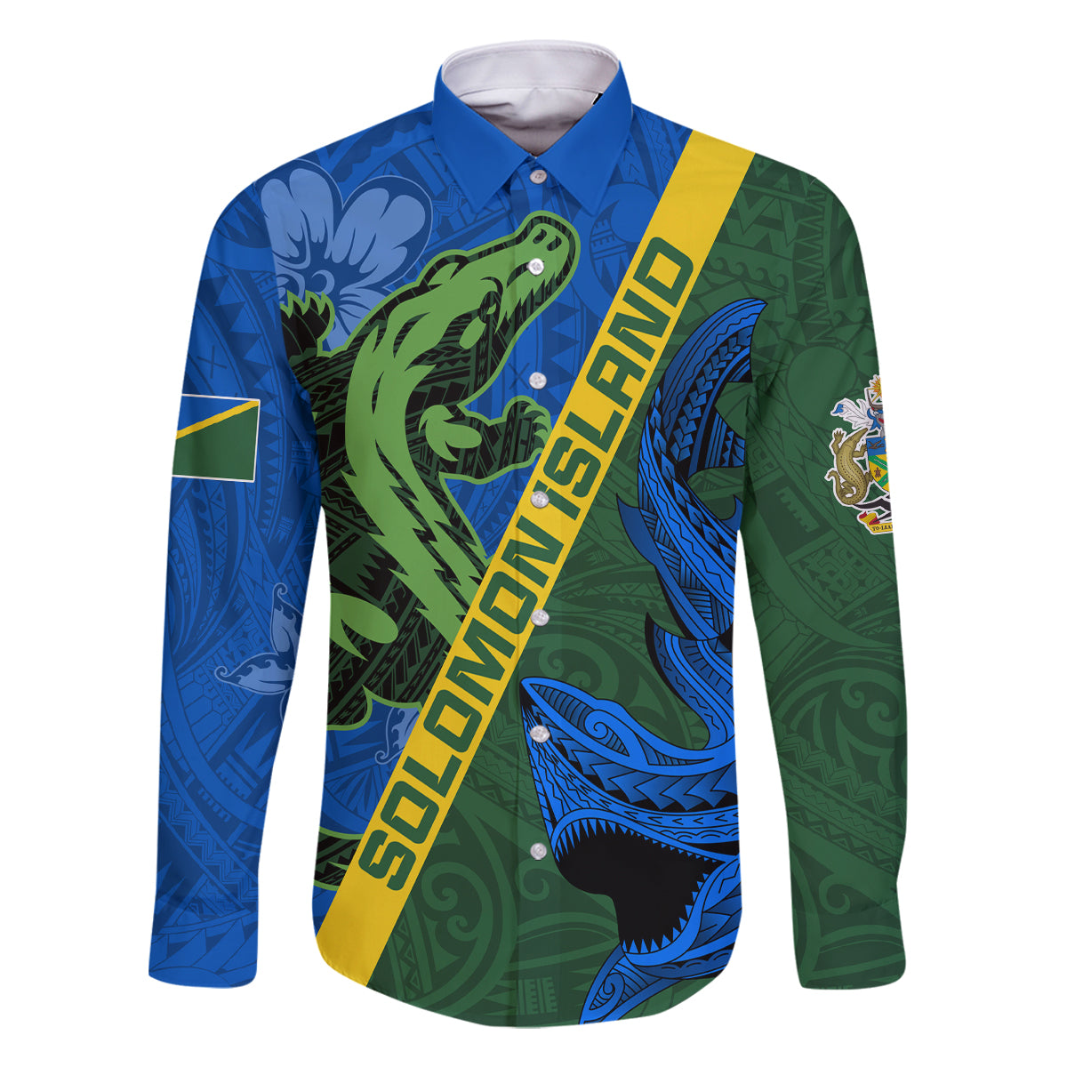 Solomon Island Crocodile and Shark Family Matching Off Shoulder Maxi Dress and Hawaiian Shirt Polynesian Pattern LT03 Dad's Shirt - Long Sleeve Blue - Polynesian Pride