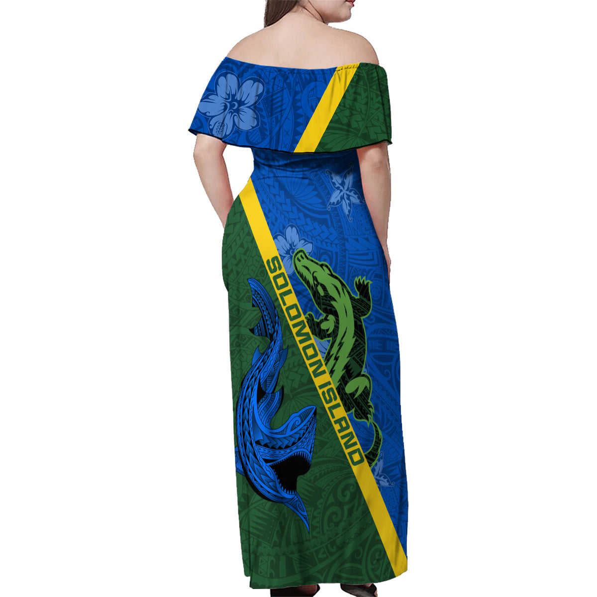 Solomon Island Crocodile and Shark Family Matching Off Shoulder Maxi Dress and Hawaiian Shirt Polynesian Pattern LT03 - Polynesian Pride