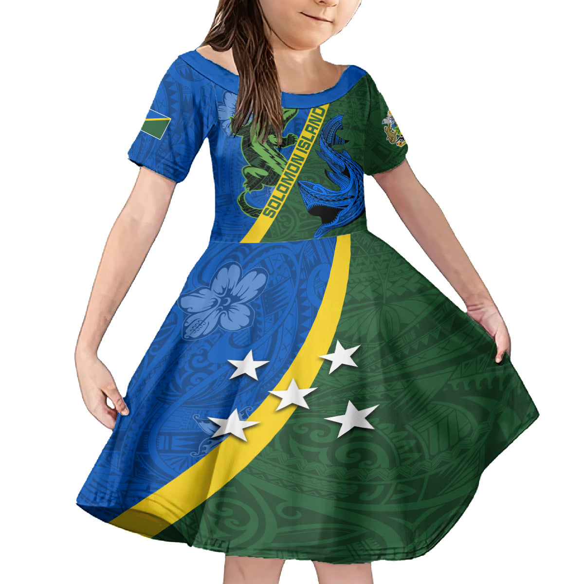 Solomon Island Crocodile and Shark Family Matching Off Shoulder Short Dress and Hawaiian Shirt Polynesian Pattern LT03 Daughter's Dress Blue - Polynesian Pride