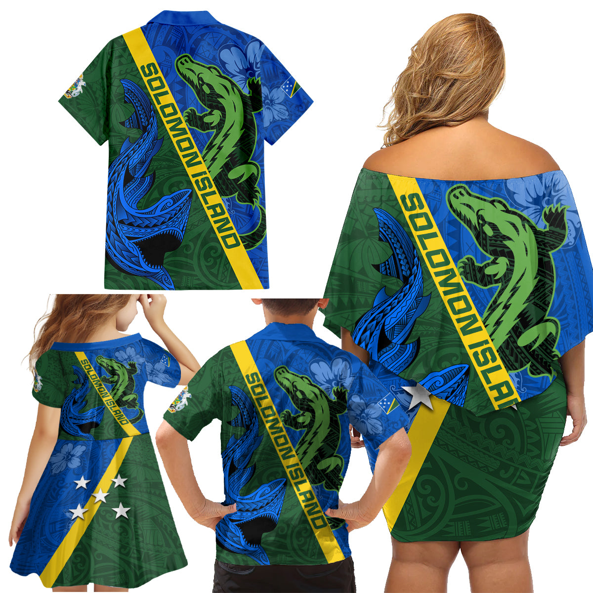 Solomon Island Crocodile and Shark Family Matching Off Shoulder Short Dress and Hawaiian Shirt Polynesian Pattern LT03 - Polynesian Pride