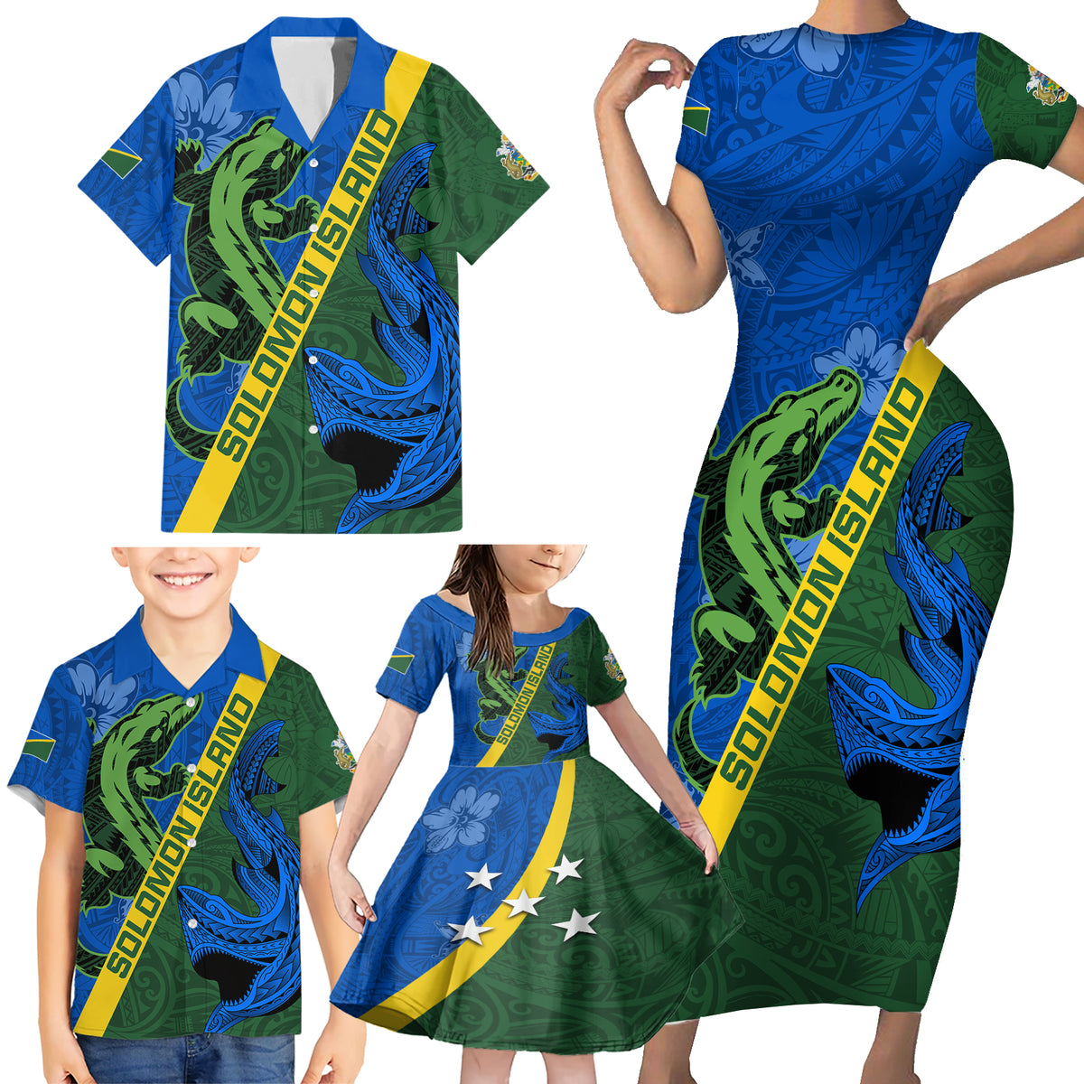 Solomon Island Crocodile and Shark Family Matching Short Sleeve Bodycon Dress and Hawaiian Shirt Polynesian Pattern LT03 - Polynesian Pride