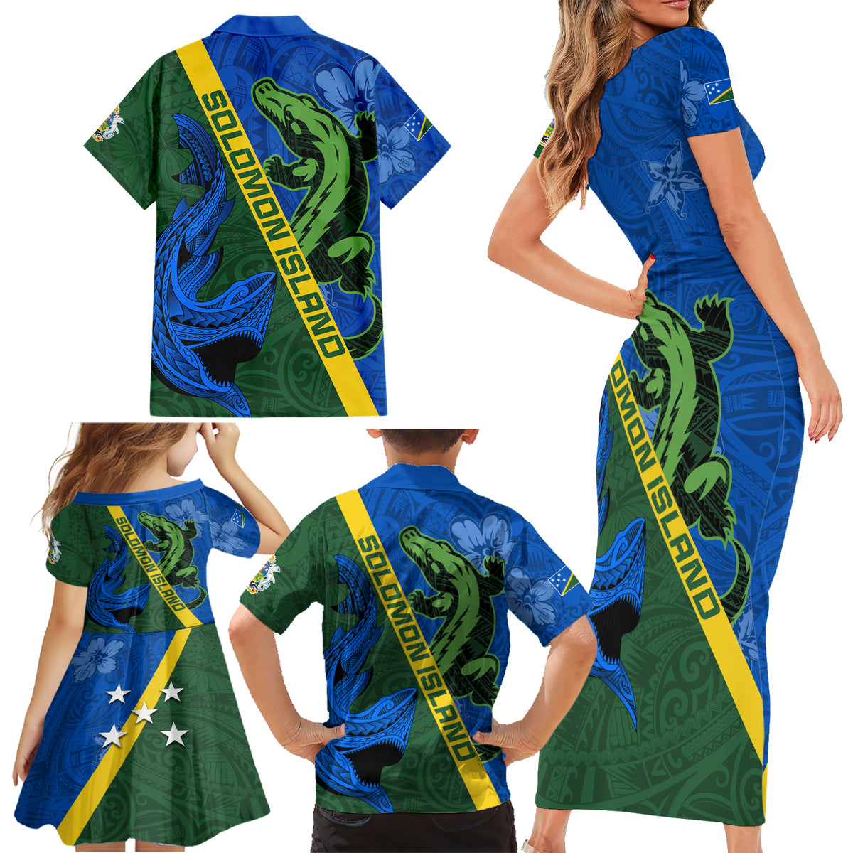 Solomon Island Crocodile and Shark Family Matching Short Sleeve Bodycon Dress and Hawaiian Shirt Polynesian Pattern LT03 - Polynesian Pride