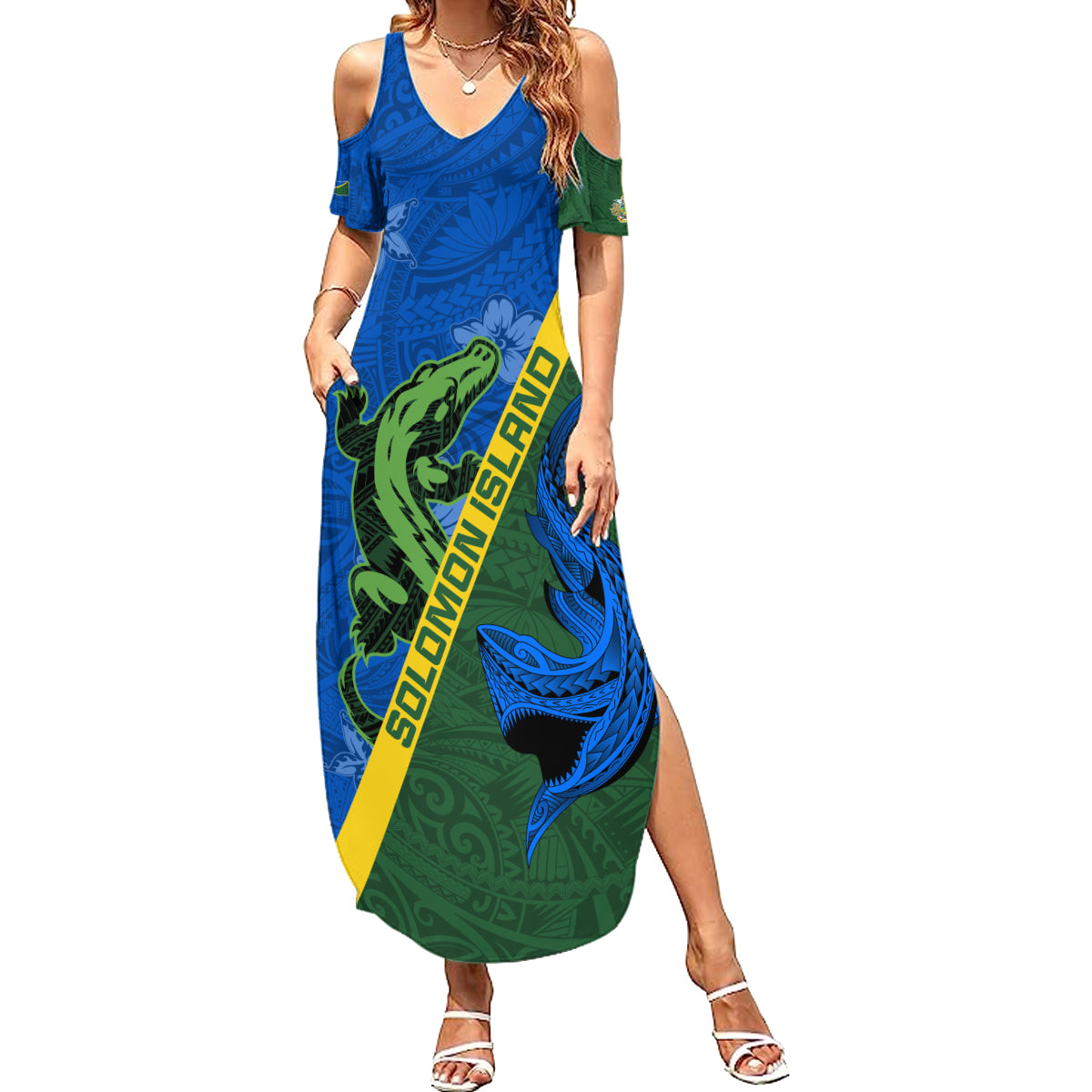 Solomon Island Crocodile and Shark Family Matching Summer Maxi Dress and Hawaiian Shirt Polynesian Pattern LT03 Mom's Dress Blue - Polynesian Pride