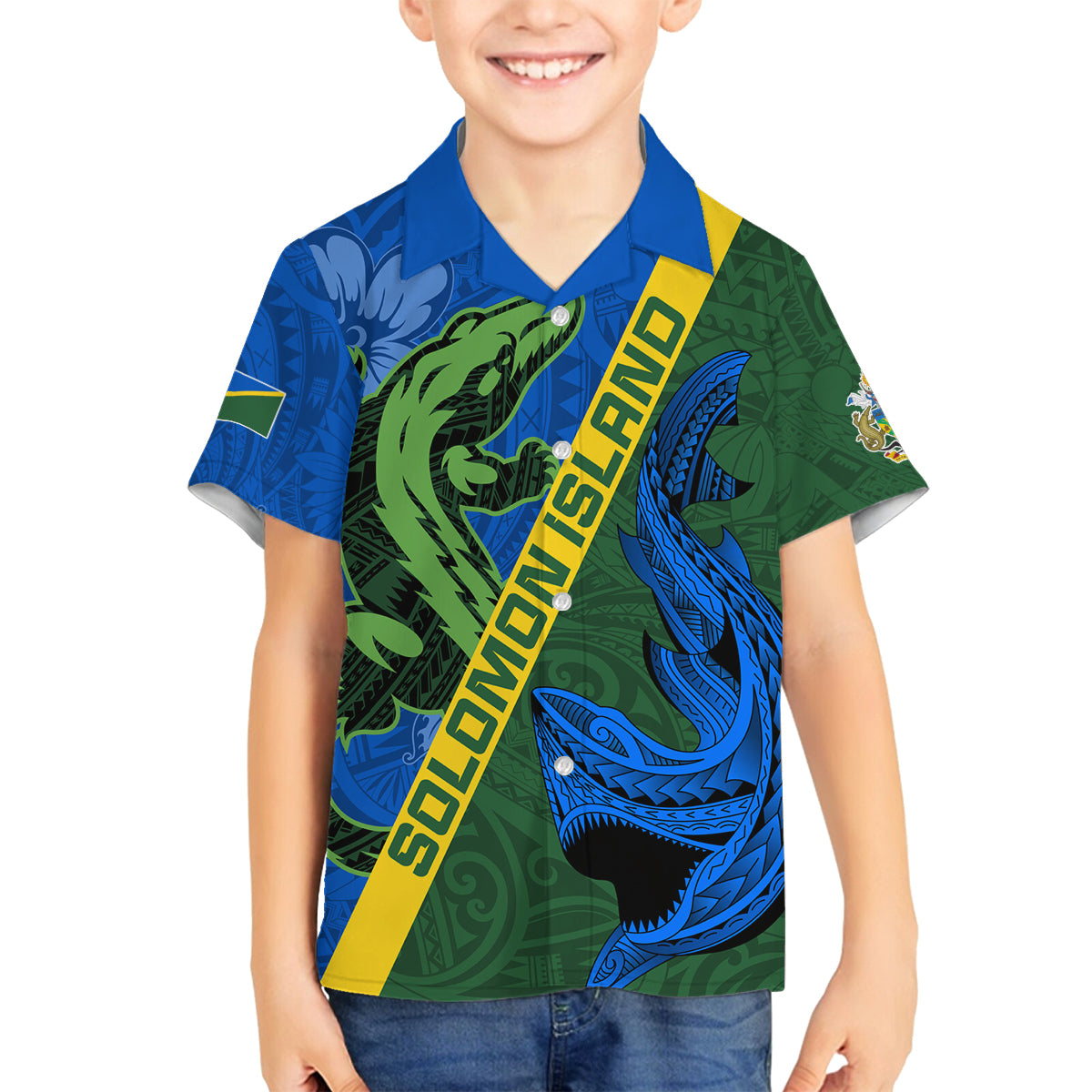 Solomon Island Crocodile and Shark Family Matching Summer Maxi Dress and Hawaiian Shirt Polynesian Pattern LT03 Son's Shirt Blue - Polynesian Pride