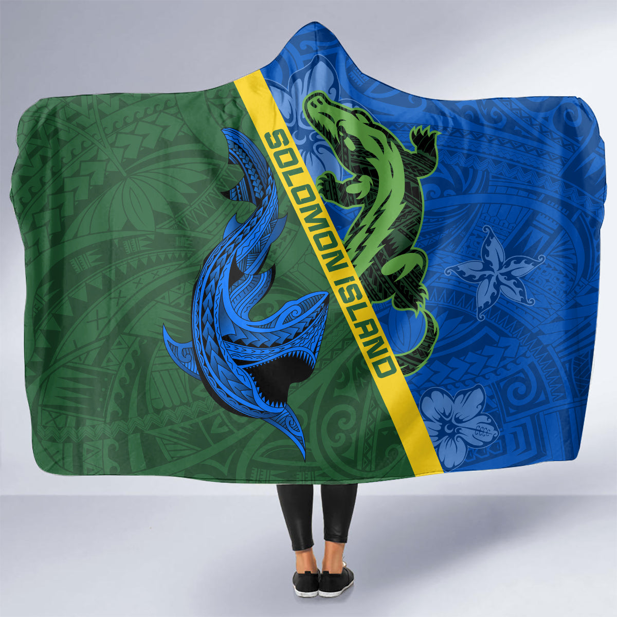 Solomon Island Crocodile and Shark Hooded Blanket Polynesian Pattern