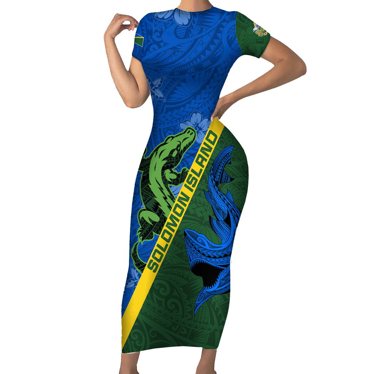 Solomon Island Crocodile and Shark Short Sleeve Bodycon Dress Polynesian Pattern LT03 Long Dress Blue - Polynesian Pride
