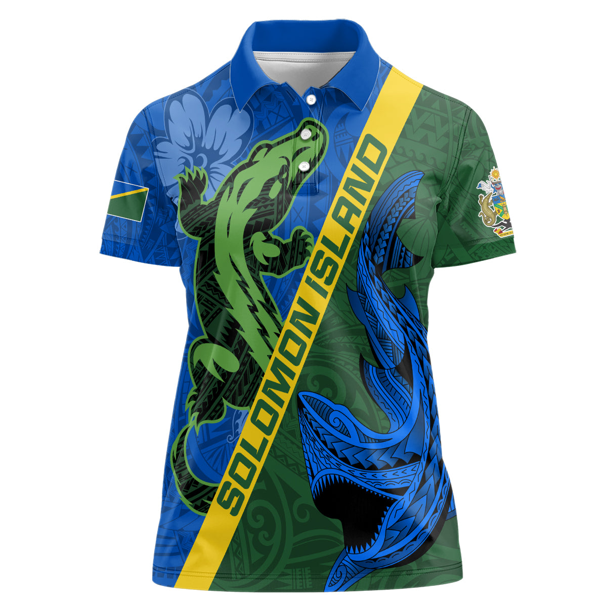 Solomon Island Crocodile and Shark Women Polo Shirt Polynesian Pattern