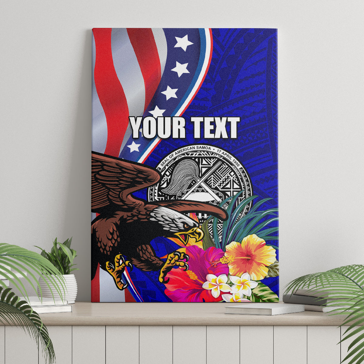 Personalised American Samoa and United States Canvas Wall Art Bald Eagle and Seal Hibiscus Polynesian Pattern