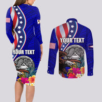 Personalised American Samoa and United States Couples Matching Long Sleeve Bodycon Dress and Long Sleeve Button Shirt Bald Eagle and Seal Hibiscus Polynesian Pattern LT03 - Polynesian Pride