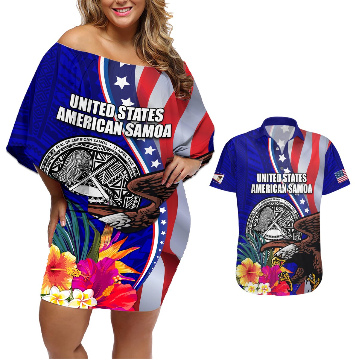 Personalised American Samoa and United States Couples Matching Off Shoulder Short Dress and Hawaiian Shirt Bald Eagle and Seal Hibiscus Polynesian Pattern LT03 Blue - Polynesian Pride