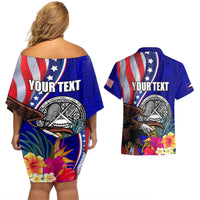 Personalised American Samoa and United States Couples Matching Off Shoulder Short Dress and Hawaiian Shirt Bald Eagle and Seal Hibiscus Polynesian Pattern LT03 - Polynesian Pride