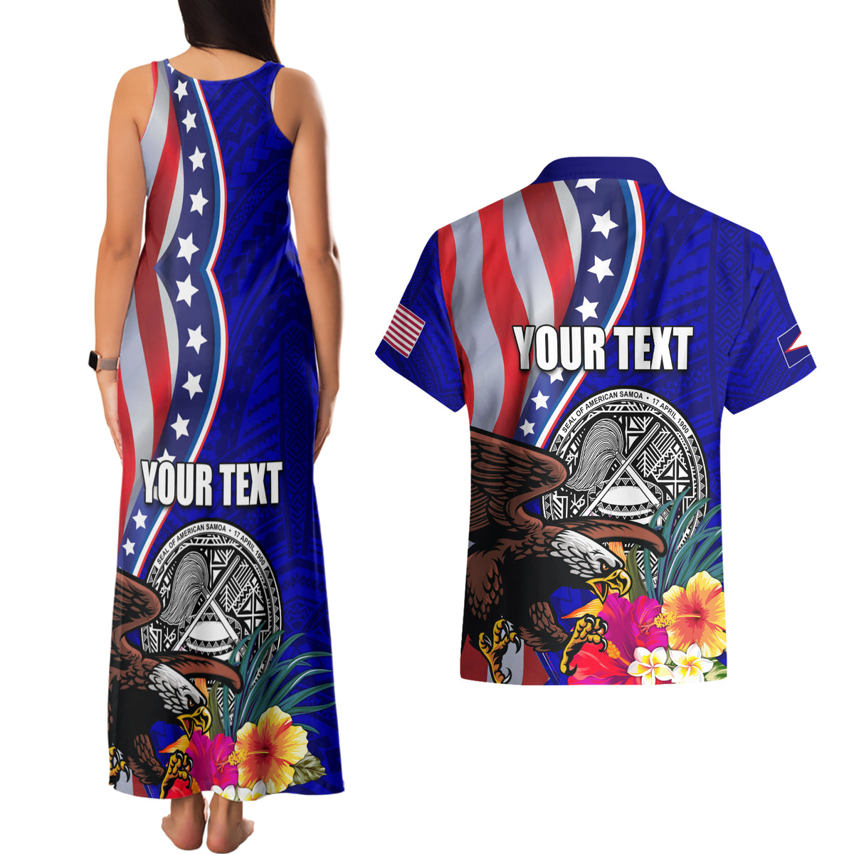 Personalised American Samoa and United States Couples Matching Tank Maxi Dress and Hawaiian Shirt Bald Eagle and Seal Hibiscus Polynesian Pattern LT03 - Polynesian Pride