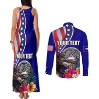 Personalised American Samoa and United States Couples Matching Tank Maxi Dress and Long Sleeve Button Shirt Bald Eagle and Seal Hibiscus Polynesian Pattern LT03 - Polynesian Pride