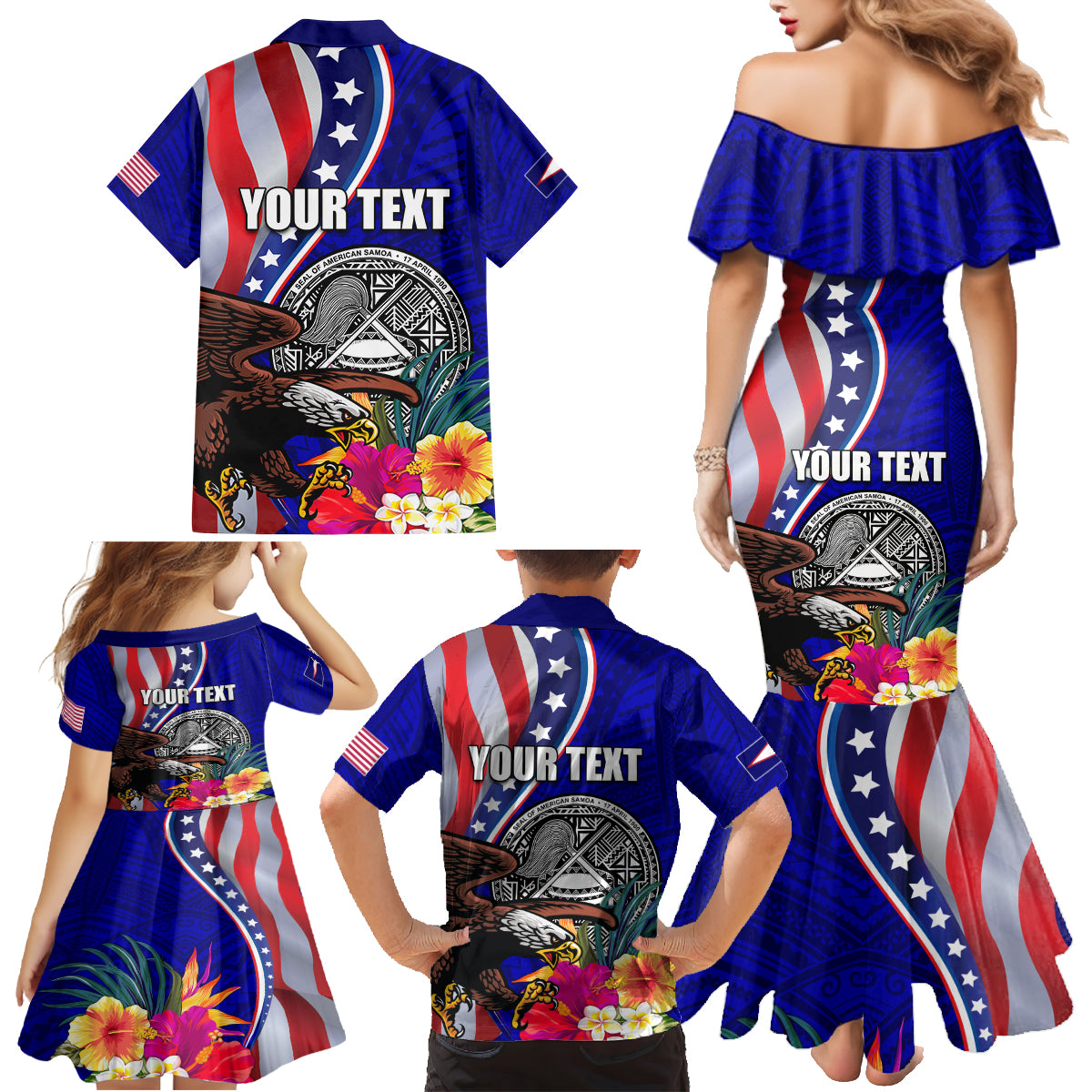 Personalised American Samoa and United States Family Matching Mermaid Dress and Hawaiian Shirt Bald Eagle and Seal Hibiscus Polynesian Pattern