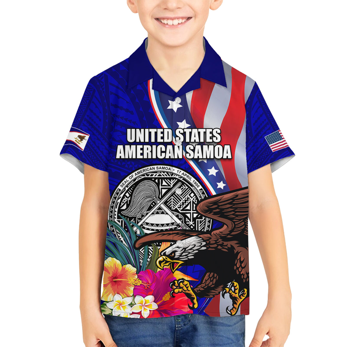 Personalised American Samoa and United States Family Matching Puletasi and Hawaiian Shirt Bald Eagle and Seal Hibiscus Polynesian Pattern