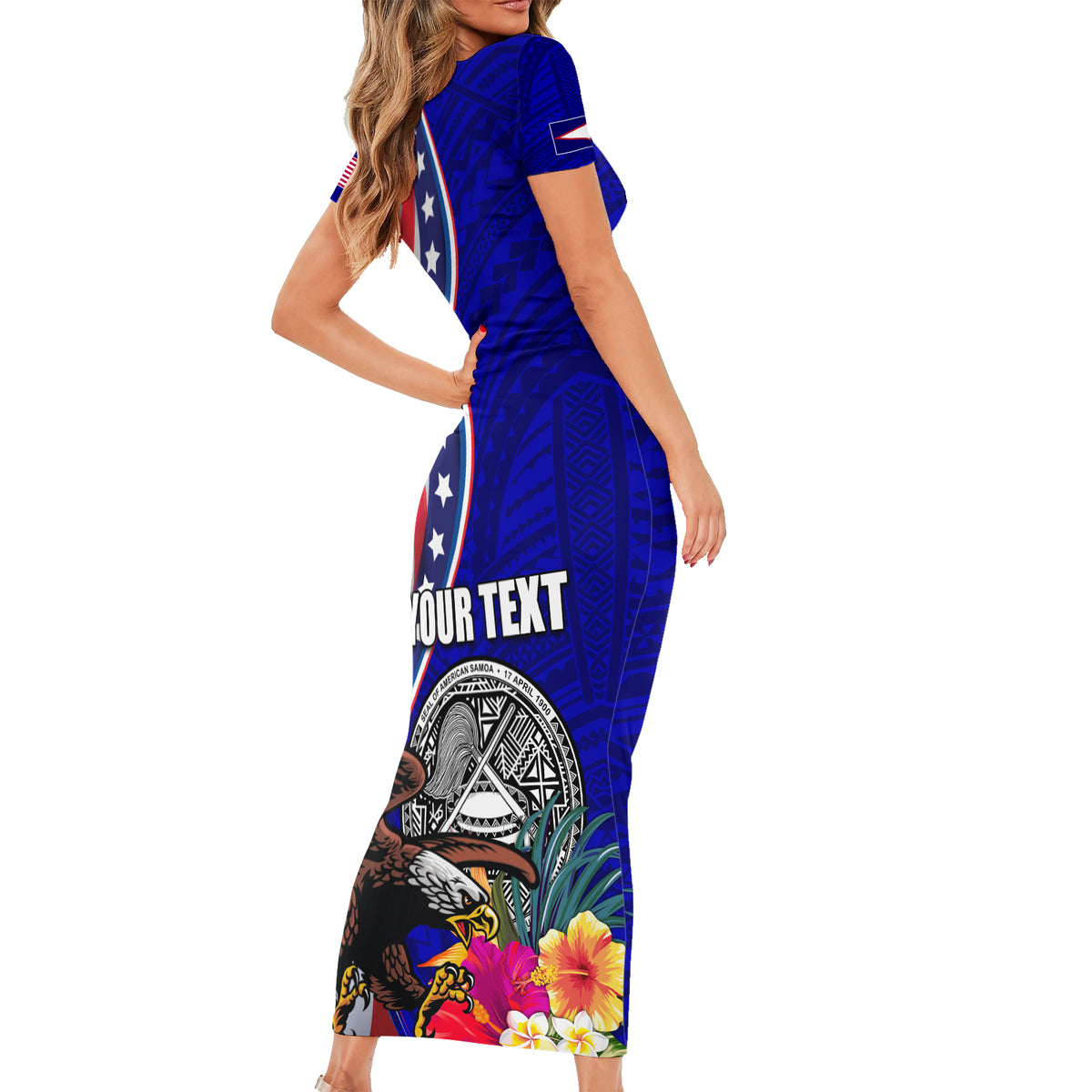 Personalised American Samoa and United States Family Matching Short Sleeve Bodycon Dress and Hawaiian Shirt Bald Eagle and Seal Hibiscus Polynesian Pattern