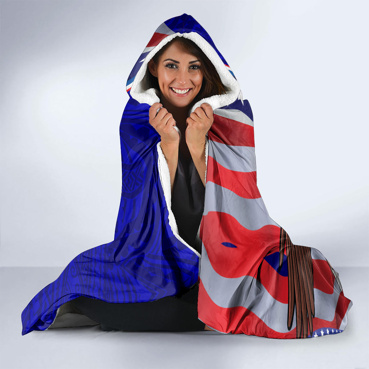Personalised American Samoa and United States Hooded Blanket Bald Eagle and Seal Hibiscus Polynesian Pattern