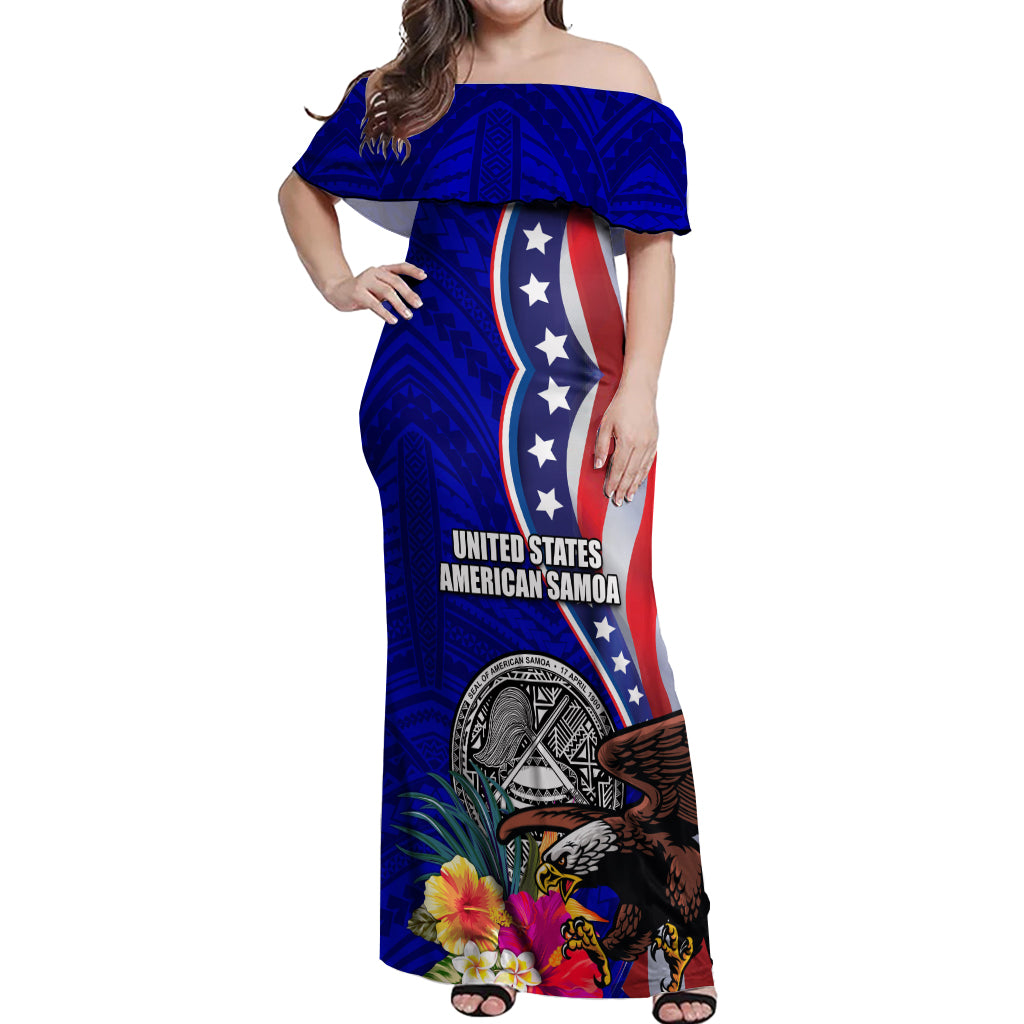 Personalised American Samoa and United States Off Shoulder Maxi Dress Bald Eagle and Seal Hibiscus Polynesian Pattern LT03 Women Blue - Polynesian Pride
