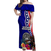 Personalised American Samoa and United States Off Shoulder Maxi Dress Bald Eagle and Seal Hibiscus Polynesian Pattern LT03 Women Blue - Polynesian Pride