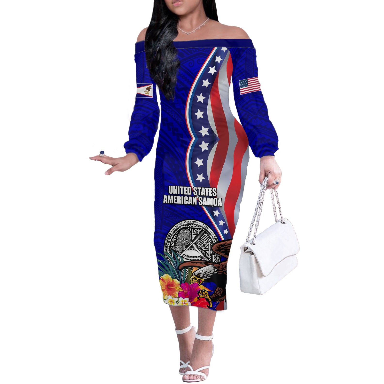 Personalised American Samoa and United States Off The Shoulder Long Sleeve Dress Bald Eagle and Seal Hibiscus Polynesian Pattern