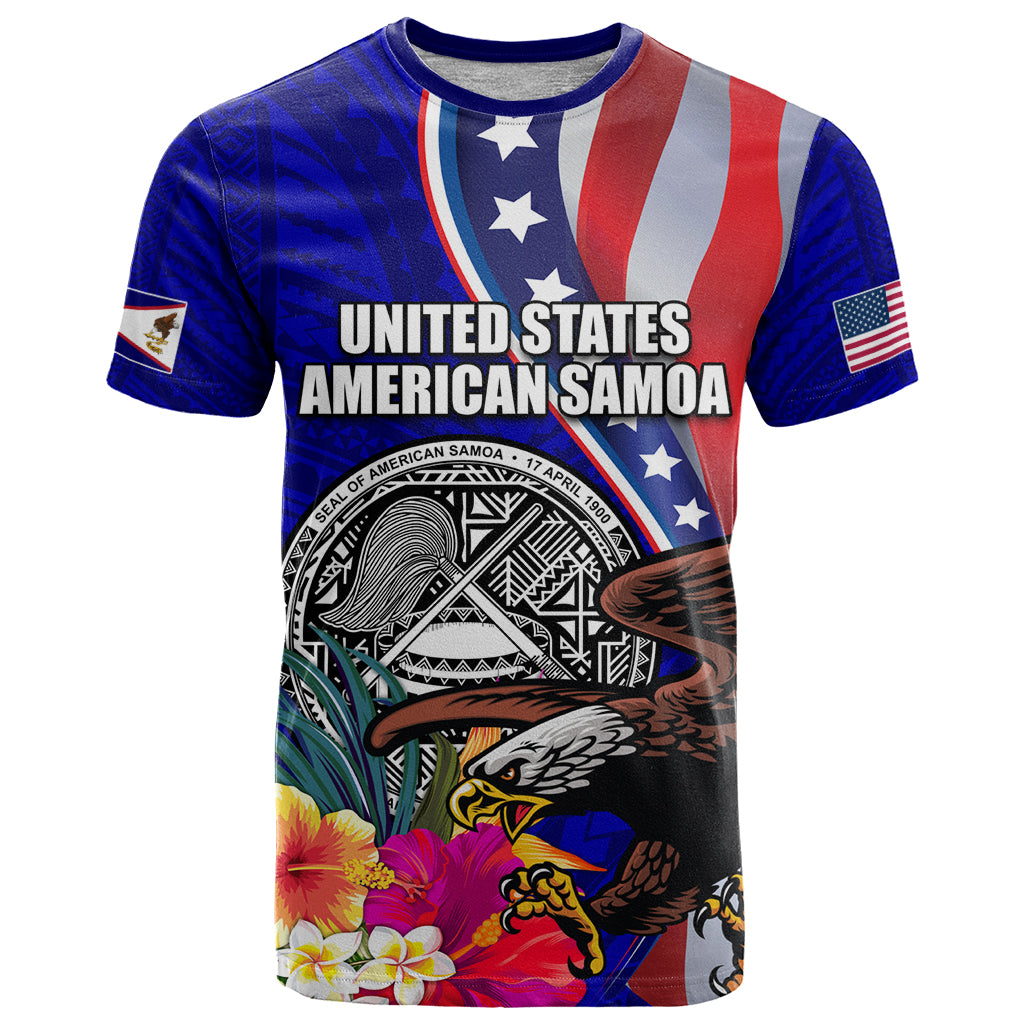 Personalised American Samoa and United States T Shirt Bald Eagle and Seal Hibiscus Polynesian Pattern LT03 Blue - Polynesian Pride