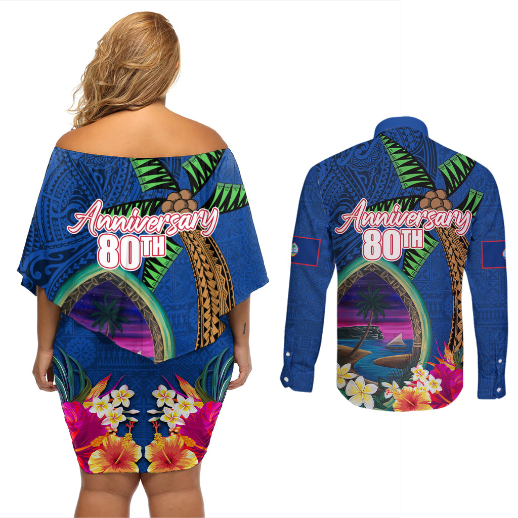 Guam Liberation Day 80th Anniversary Couples Matching Off Shoulder Short Dress and Long Sleeve Button Shirt Palm Tree and Seal Artwork Hibiscus Polynesian Pattern