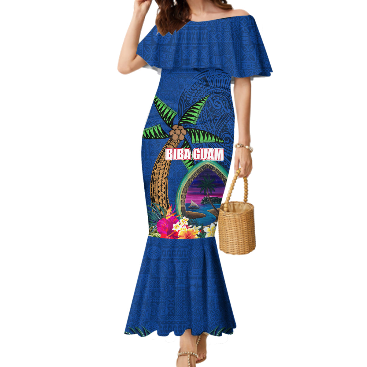 Guam Liberation Day 80th Anniversary Family Matching Mermaid Dress and Hawaiian Shirt Palm Tree and Seal Artwork Hibiscus Polynesian Pattern