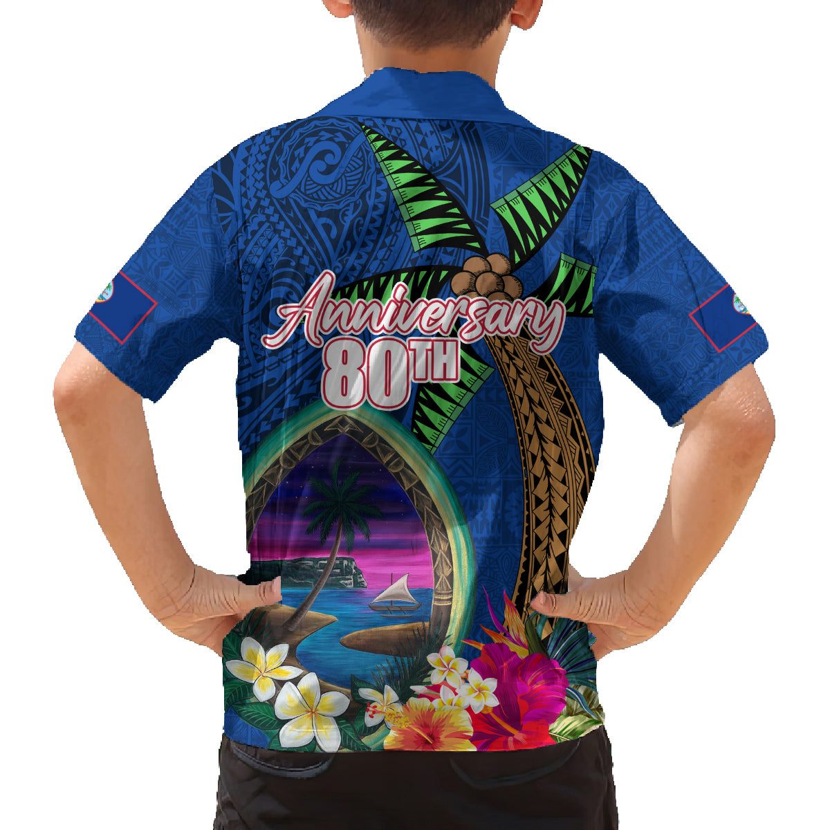 Guam Liberation Day 80th Anniversary Family Matching Off Shoulder Maxi Dress and Hawaiian Shirt Palm Tree and Seal Artwork Hibiscus Polynesian Pattern LT03 - Polynesian Pride