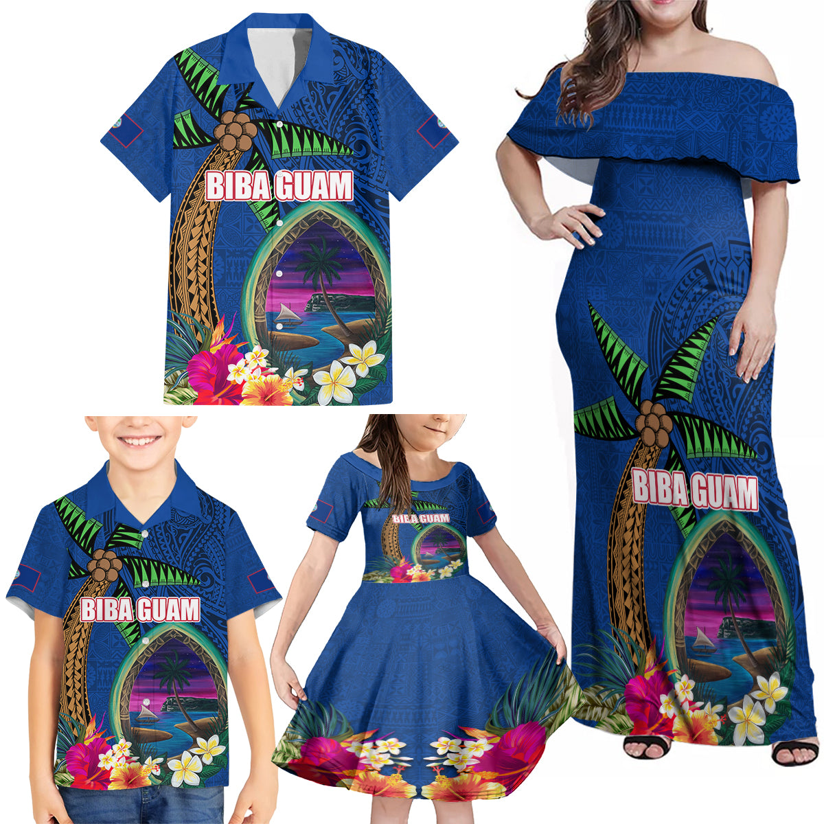 Guam Liberation Day 80th Anniversary Family Matching Off Shoulder Maxi Dress and Hawaiian Shirt Palm Tree and Seal Artwork Hibiscus Polynesian Pattern LT03 - Polynesian Pride